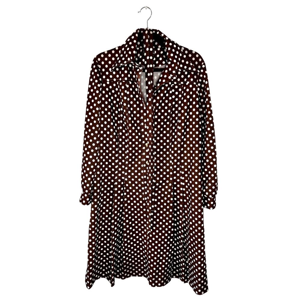 Vintage 70s Honeycomb Brown White Polka Dot Shift Dress Belted Long Sleeve S/M